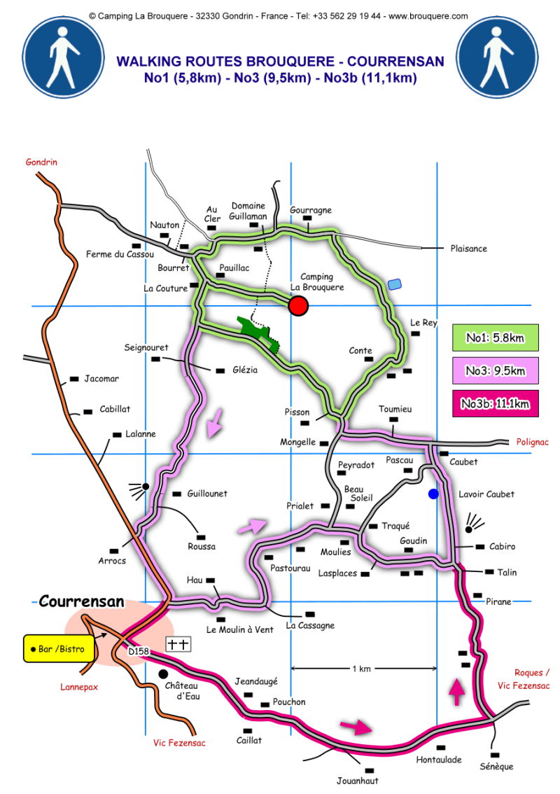 Walking routes from Camping La Brouquere to the village of Courrensan.....